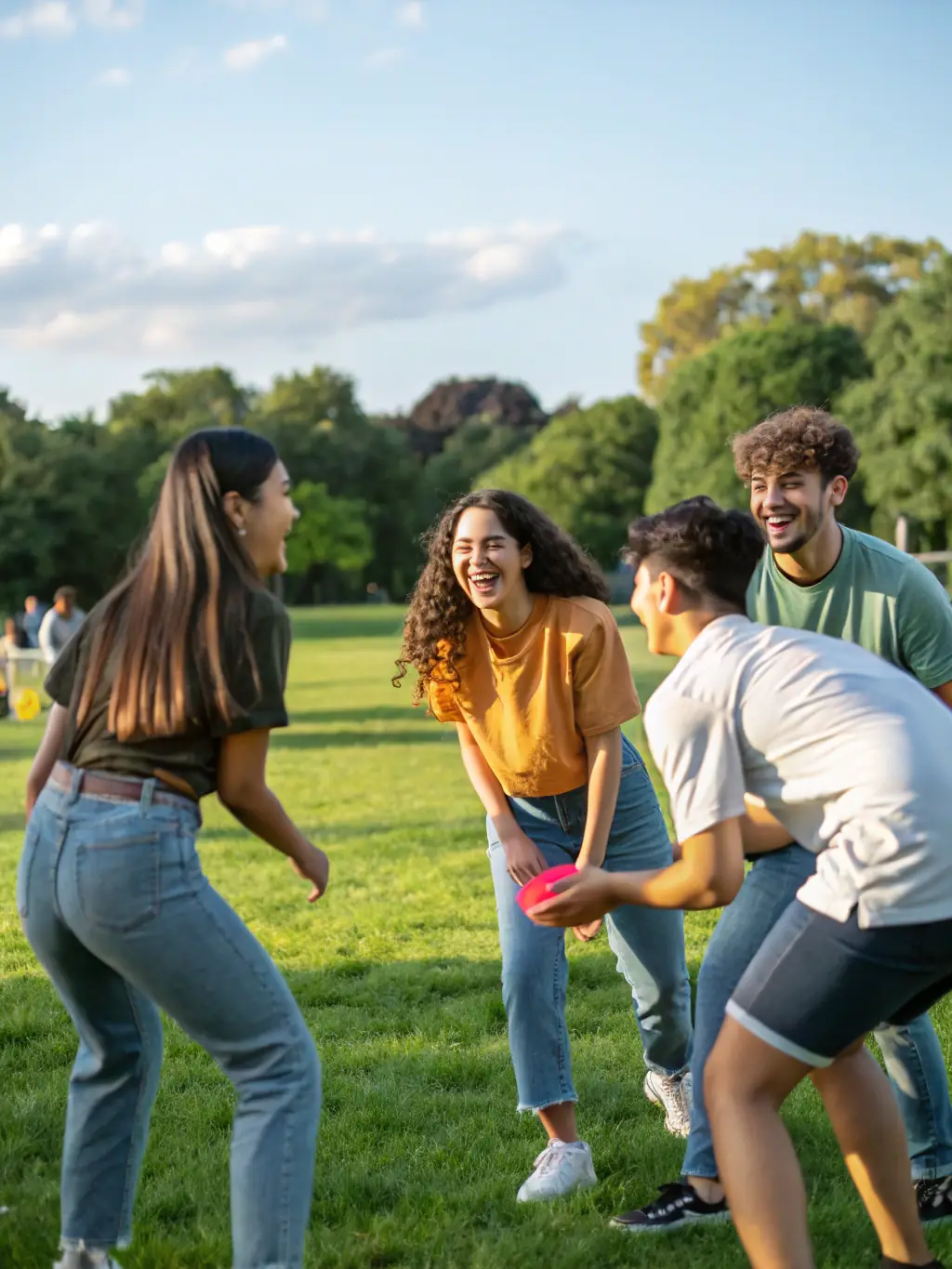 A group of people of different ages are playing traditional games in a park in Le Rouget, France. The atmosphere is joyful and inclusive, reflecting the community spirit.