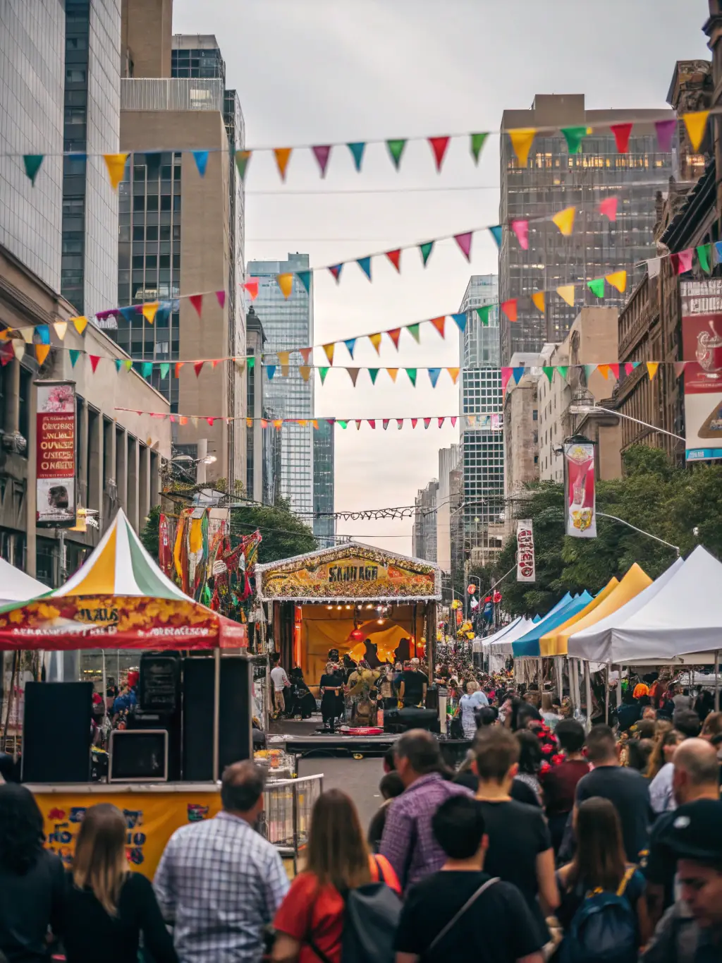 A vibrant image of a lively outdoor festival in Le Rouget, with colorful decorations, performers on stage, and an engaged audience enjoying the event. The scene captures the essence of community spirit and cultural celebration.