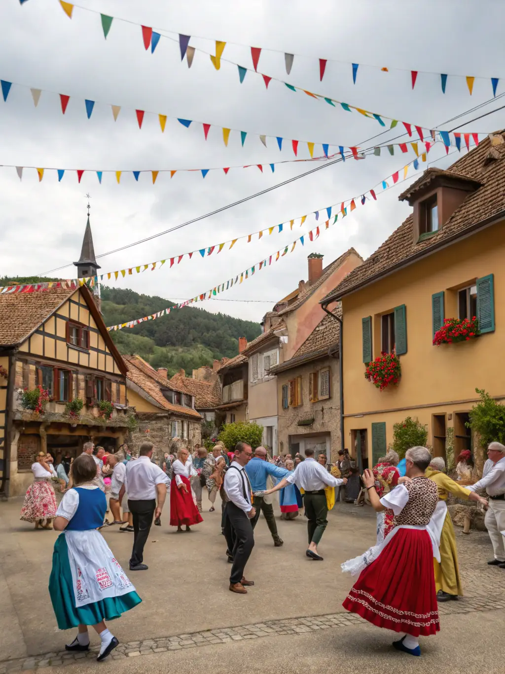 A vibrant image depicting a group of people participating in a traditional French dance during a COMITE DES FETES cultural festival in Le Rouget.
