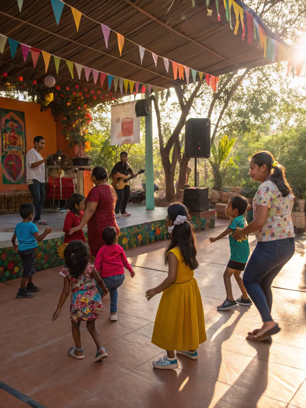 A photo of community members participating in a dance workshop outdoors in Le Rouget, smiling and engaging in the activity. The image showcases the joy of movement and the spirit of collaboration.