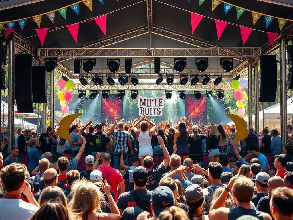 A vibrant image of a lively outdoor festival with colorful decorations, performers, and an engaged audience enjoying the event, showcasing the Community Cultural Events organized by COMITE DES FETES.