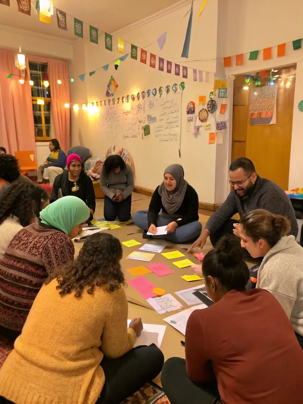 A lively image showing children and adults engaged in a craft workshop organized by COMITE DES FETES, creating handmade decorations for a local event.