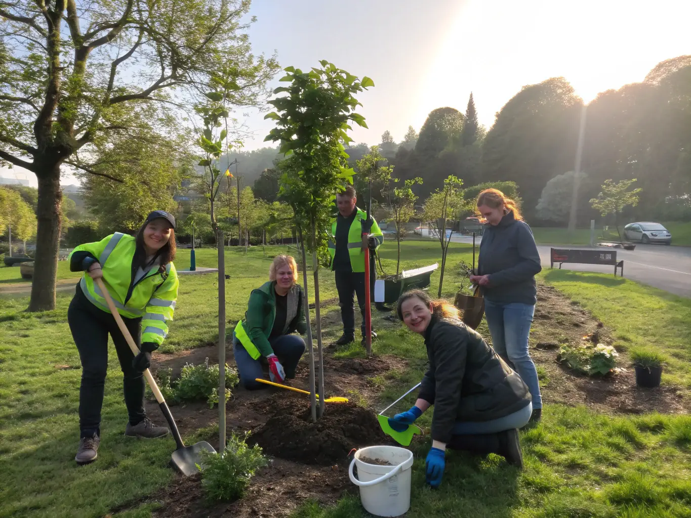A photo of volunteers working together on a community project, planting trees or helping at an event, illustrating the Community Engagement and Support Programs of COMITE DES FETES.
