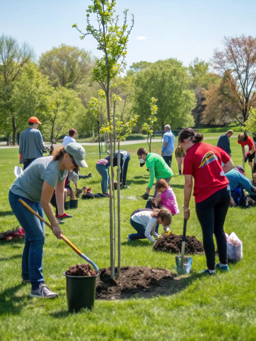 A photo of volunteers working together on a community project in Le Rouget, planting trees or helping at a local event. The image highlights the spirit of teamwork and community support.